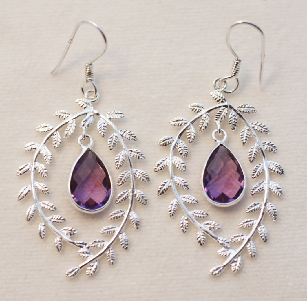 Amethyst Earrings: Faceted Briolettes Dangling Within Silver Wreaths
