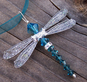 Dragonfly Pendant with aqua blue Swarovski crystals and silver wings