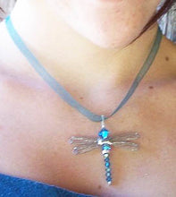 Load image into Gallery viewer, Dragonfly Pendant with aqua blue Swarovski crystals and silver wings
