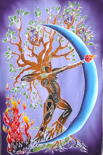 Artemis Tree of Life Goddess with Fire Arrow Balinese Batik Fabric Banner