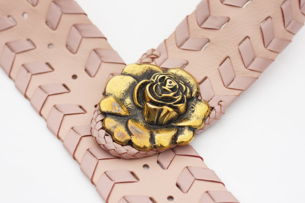 Boho Leather Belt in Light Rose Pink with whip stitching design.  M/L