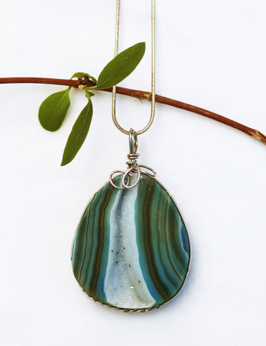 Blue and Brown Agate with Deep Druzy Crevice Wire-Wrapped Pendant with 25
