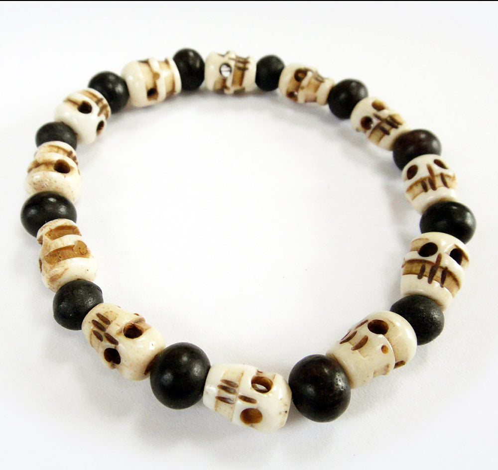 Small Mala Skull Beads and Round Ebony Beads Stretch Tibetan Skull Bracelet