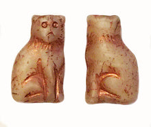 Load image into Gallery viewer, Cat Beads - pair of Czech glass beads grumpy cat in bluish tan