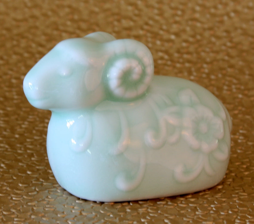 Chinese Year of the Sheep Figurine Celadon Glazed Porcelain