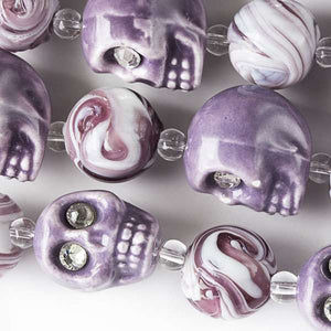 Ceramic Skull Beads with Crystal Eyes alternating with Lampwork Glass Purple and White Swirled 14mm Round Beads