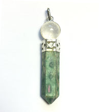 Load image into Gallery viewer, Clear Quartz mini sphere and 6 sided Ruby in Fuchsite point pendulum pendant