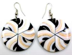 Round Mosaic Dangle Earrings of Cone Shell and Black Nautilus Pinwheel