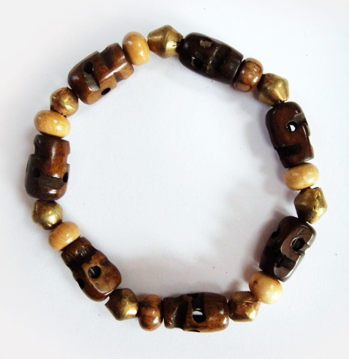 Yak Bone Skull Beads, Olive Wood and Brass Rondelle Beads Stretch Wrist Mala Bracelet