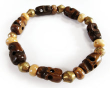 Load image into Gallery viewer, Yak Bone Skull Beads, Olive Wood and Brass Rondelle Beads Stretch Wrist Mala Bracelet