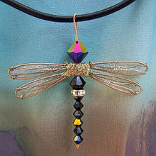 Load image into Gallery viewer, Dragonfly Pendant of Jet Black Swarovski Crystals with Gold Wings on Leather Cord