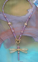 Load image into Gallery viewer, Dragonfly Beaded Necklace of Lavender Swarovski Crystals with Golden Toggle Closure