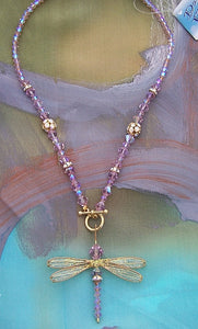 Dragonfly Beaded Necklace of Lavender Swarovski Crystals with Golden Toggle Closure
