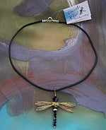 Dragonfly Pendant of Jet Black Swarovski Crystals with Gold Wings on Leather Cord