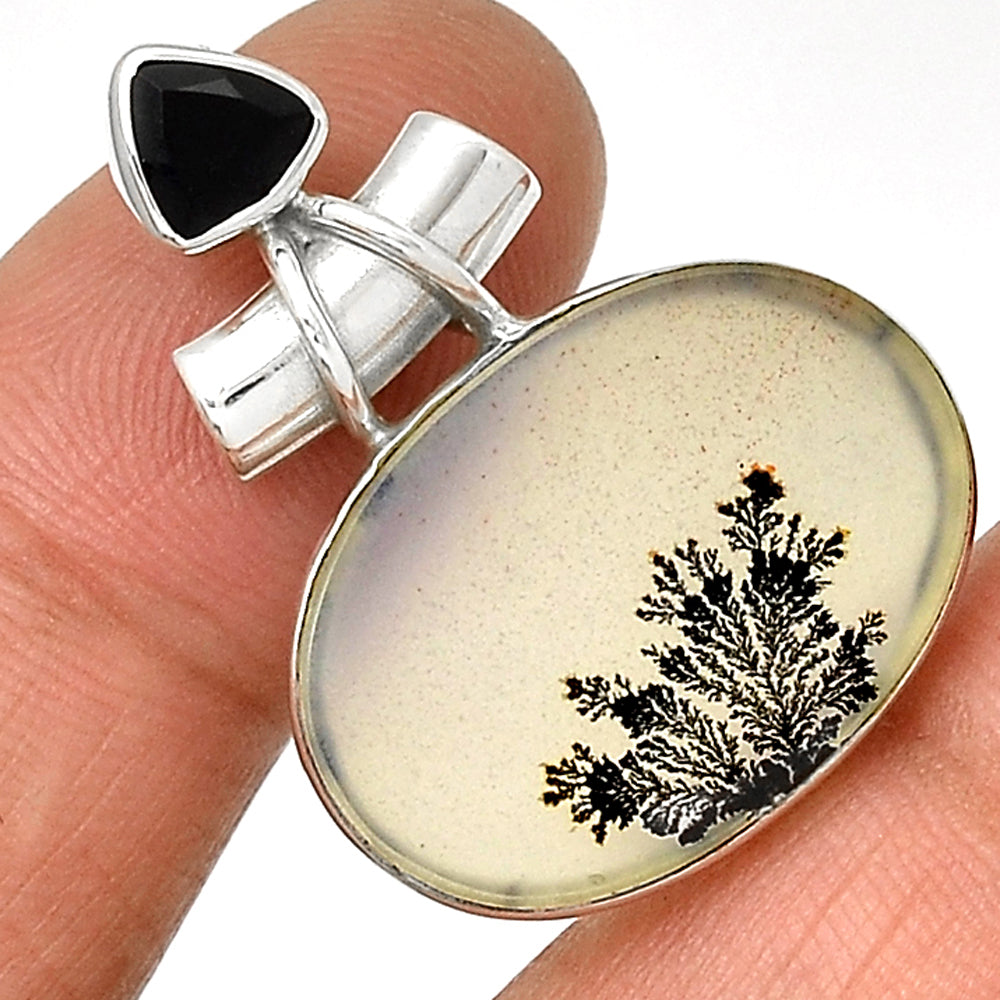 Dendritic Agate pendant with Black Onyx set in Sterling Silver translucent and amazing!