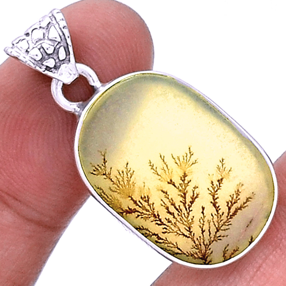 Dendritic Agate Pendant in an elongated oval sterling silver frame