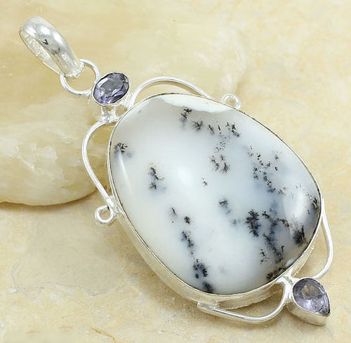 Merlinite Pendant with faceted Amethyst gemstone - large 3 inch length