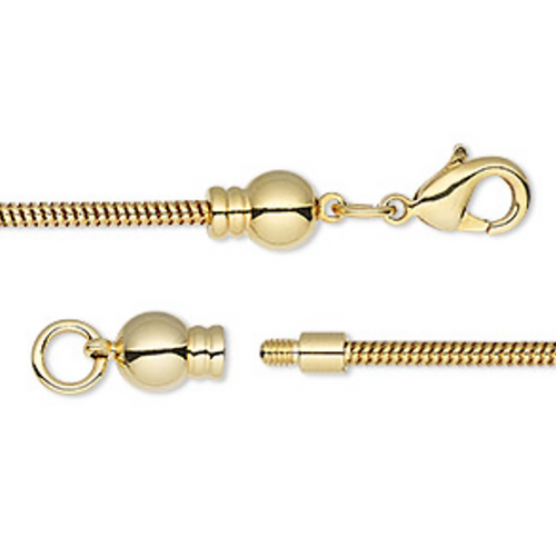 Dione® Easy-On Chain, Gold-plated Brass, 1.9mm snake, 24 inches with 3.3mm threaded ball end and lobster claw clasp.