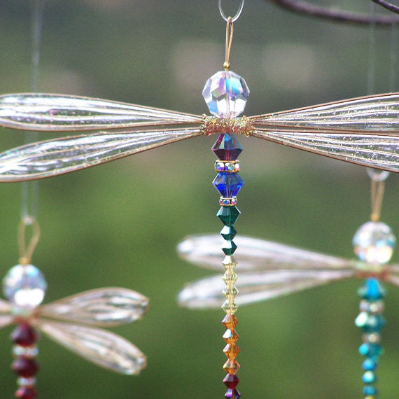 Dragonfly Suncatcher Mobile with Rainbow Theme Swarovski Crystals and Gold Wings Medium Size