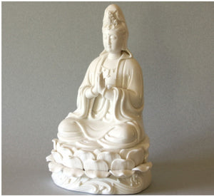 Kwan Yin Porcelain Figurine Quan Yin in Prayer on Lotus Leaves