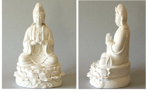 Kwan Yin Porcelain Figurine Quan Yin in Prayer on Lotus Leaves