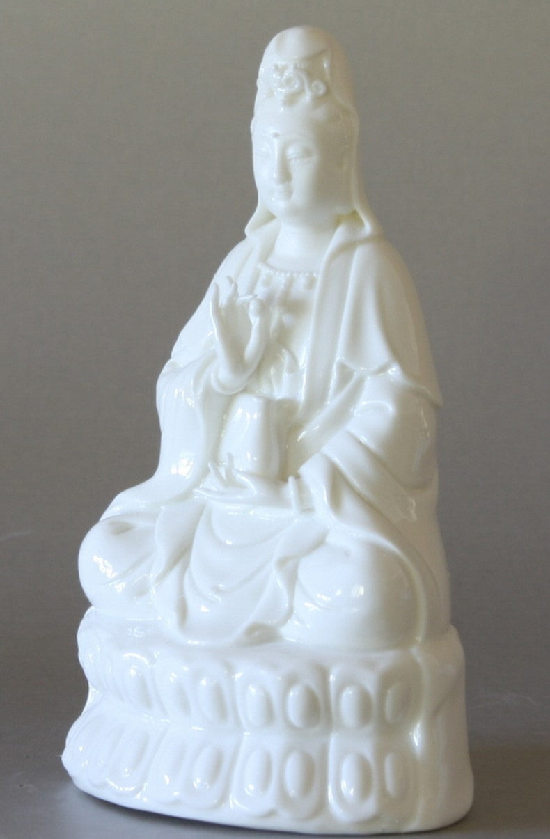 Kwan Yin Porcelain Statue Seated Holding a Crystal