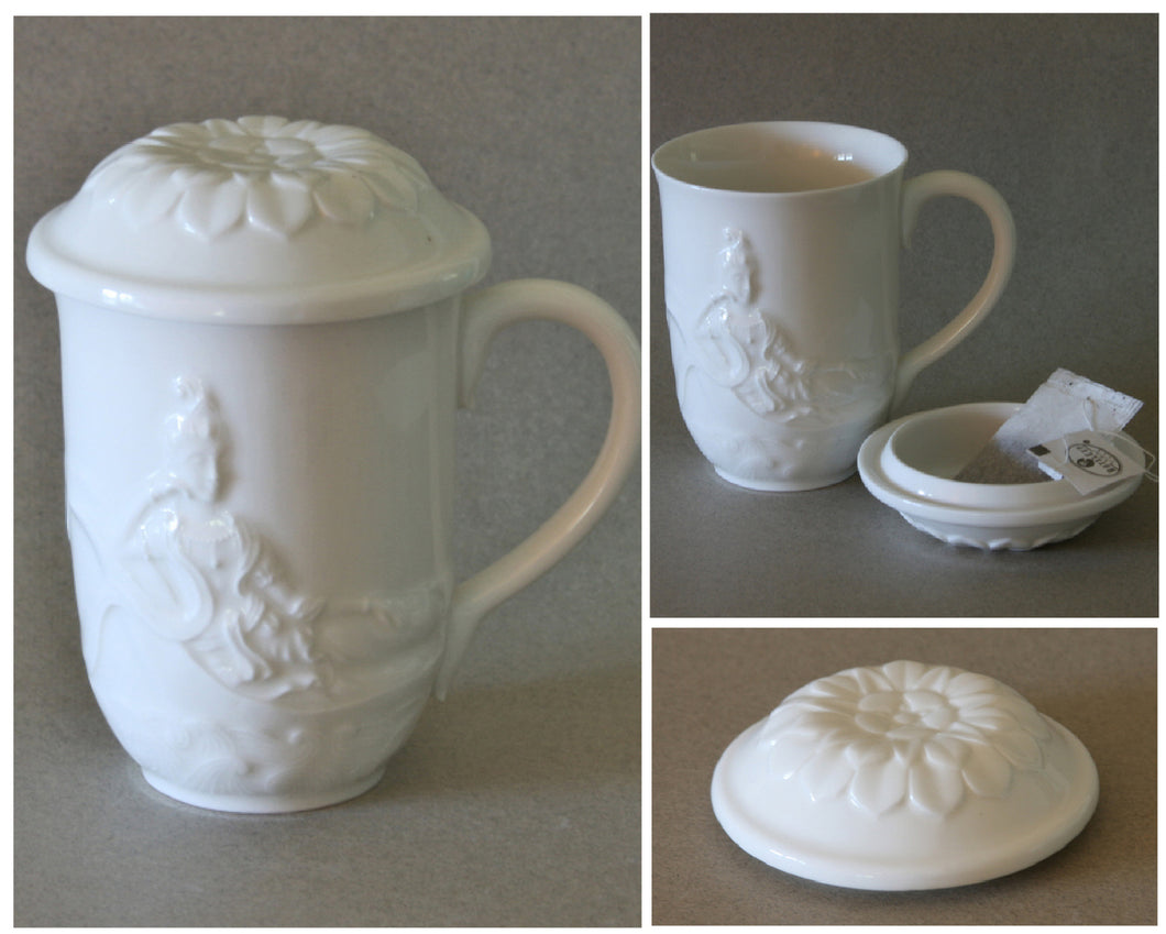 Ceramic Tea Mug with Lid of Quan Yin in a White Glaze