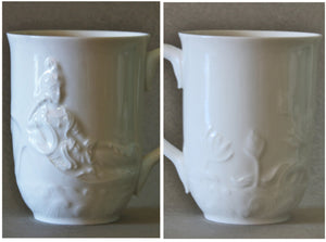 Ceramic Tea Mug with Lid of Quan Yin in a White Glaze