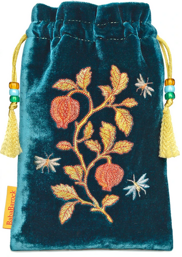 Embroidered Flower Tarot Bag made from Vietnamese Silk Velvet in Teal