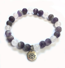 Load image into Gallery viewer, February Birthstone Amethyst and Rose Quartz Bracelet with sterling silver spacers and lotus charm