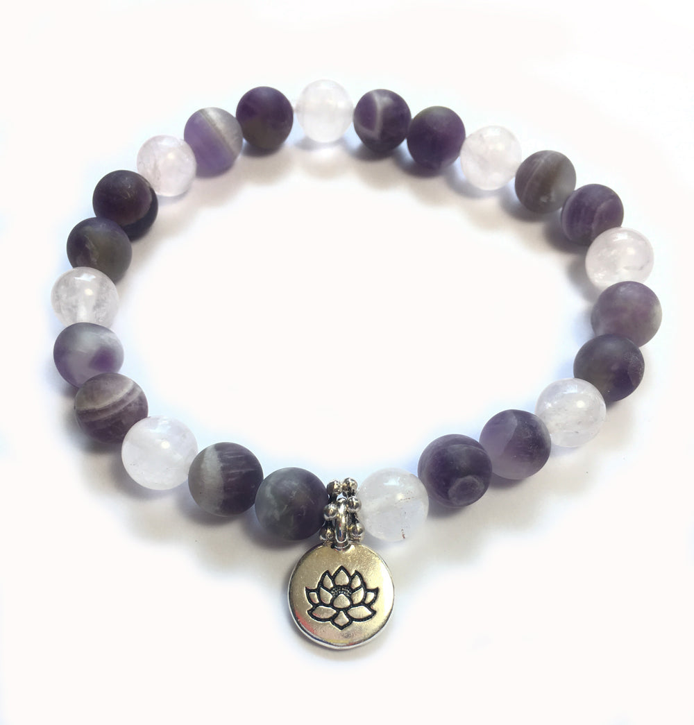 February Birthstone Amethyst and Rose Quartz Bracelet with sterling silver spacers and lotus charm