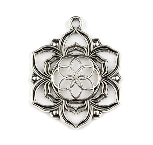 Flower of Life Mandala Medallion Pendant in Silver Plated Pewter