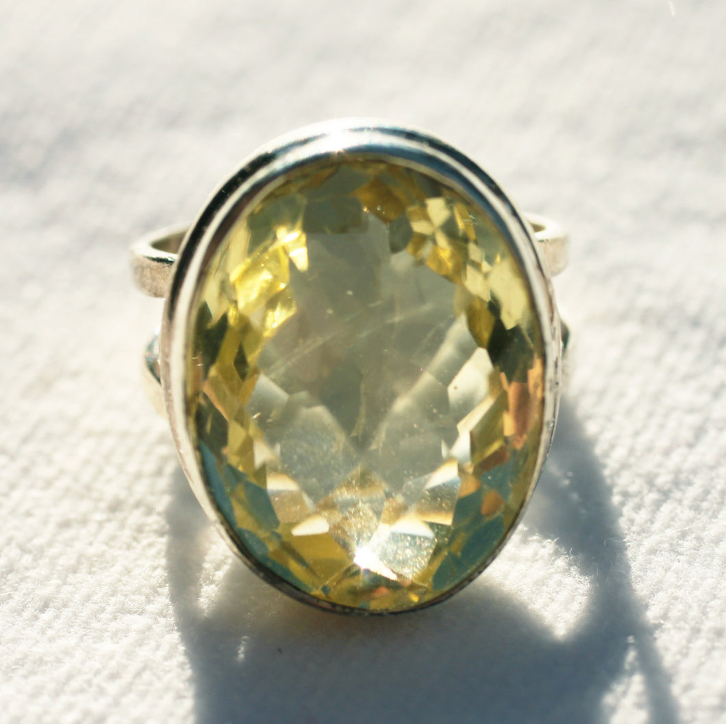 Lemon Topaz Ring Natural Faceted Oval in Sterling Silver Contemporary Setting Ring Size 5.25