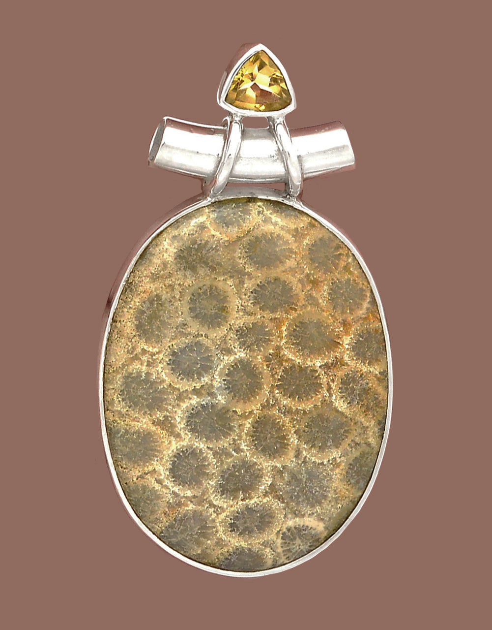 Fossilized Coral Pendant topped with Faceted Citrine