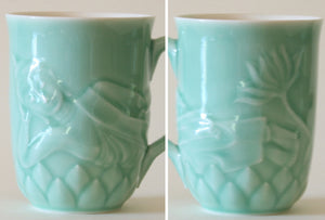 Celadon Green Porcelain Reclining Buddha Mug with Lotus Lid