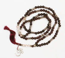 Load image into Gallery viewer, Spessartine Garnet and Rutilated Quartz Om Mala 6mm Prayer Beads