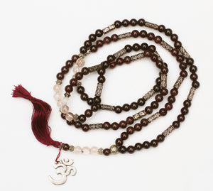 Spessartine Garnet and Rutilated Quartz Om Mala 6mm Prayer Beads