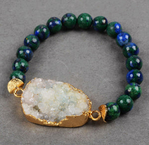 Crystal Druzy Focal Bead in Gold with Lapis Lazuli Malachite Bead Bracelet