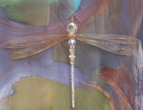 Dragonfly Suncatcher Small Mobile with Iridescent Swarovski Crystals and Gold Wings