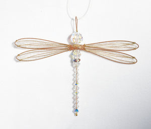 Dragonfly Suncatcher Small Mobile with Iridescent Swarovski Crystals and Gold Wings