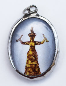 Minoan Snake Goddess Pendant Golden Orange for Wisdom, Fertility, and Protection of the Feminine