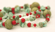 Load image into Gallery viewer, Green Calcite, Turquoise, Clear Quartz and Red Glass Beaded Necklace