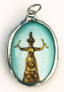Minoan Snake Goddess Pendant Golden Orange for Wisdom, Fertility, and Protection of the Feminine