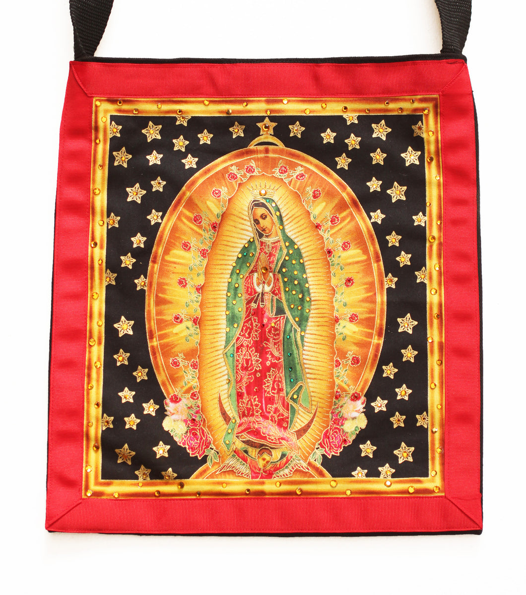 Our Lady The Virgin of Guadalupe with Stars Cotton Black Denim Tote - Hand-Embellished with Crystals