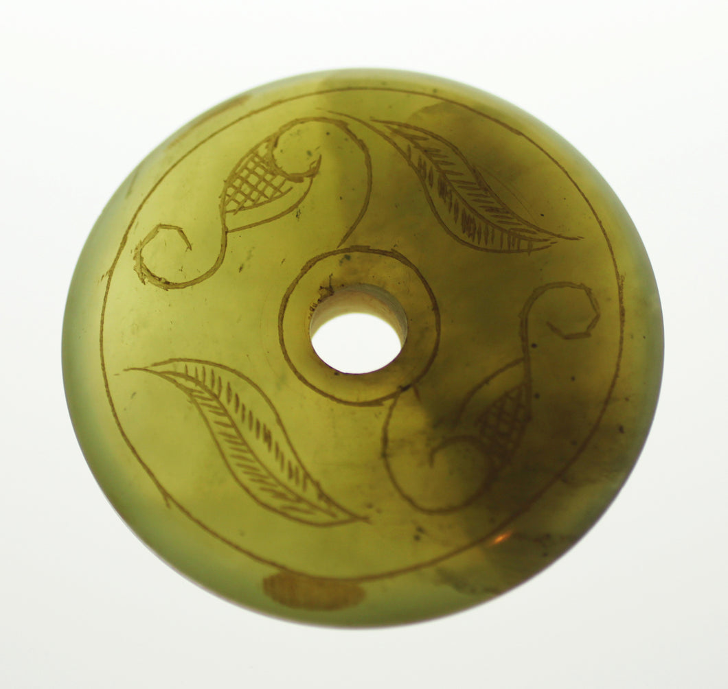 Jade Donut Hand-Engraved with Feathers and Fish and 2nd Chakra Lotus on Reverse