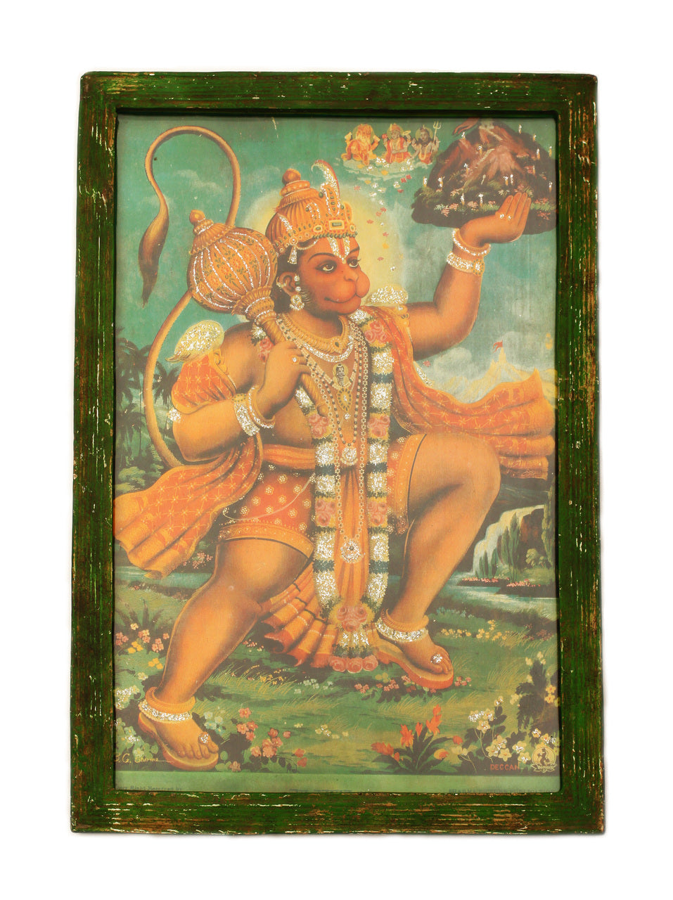 Hanuman the Hindu Monkey God that Defeats Evil Spirits, Fabulous Hand-Glittered Vivid Reproduction of a Painting