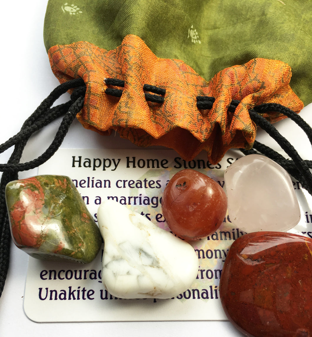 Happy Home Stones - Starter Crystal Kit of five stones in a silk sari drawstring pouch