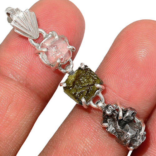 Herkimer Diamond, Moldavite and Russian Shungite Pendant