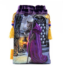 Load image into Gallery viewer, The Hermit Cat Baroque Bohemian Drawstring Tarot Bag made from Vietnamese Silk - Silver Version