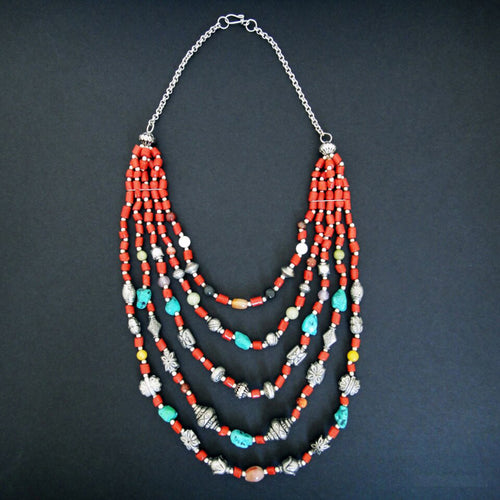 Himalayan Treasures Necklace of Tibetan Turquoise, Coral, Carnelian, Jade and Sterling Silver
